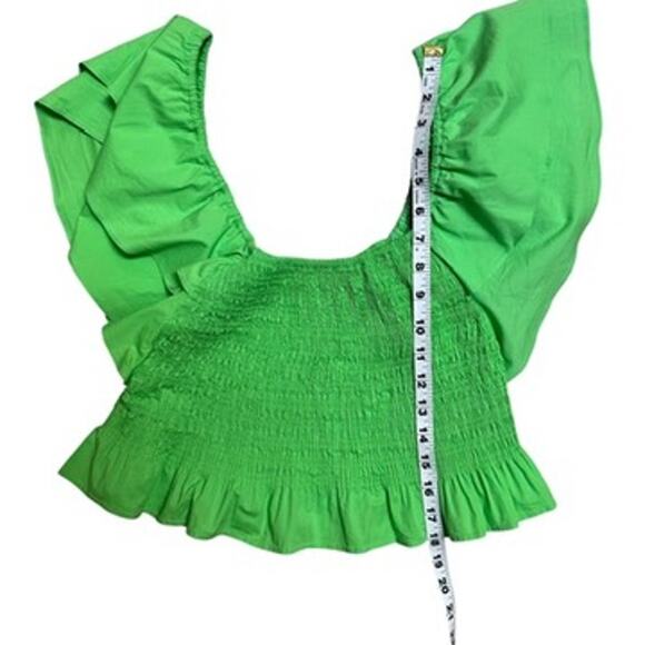 Ramy Brook Bright Green Smocked Flutter Sleeve Crop Top XS Boho Chic Festival - Picture 4 of 9
